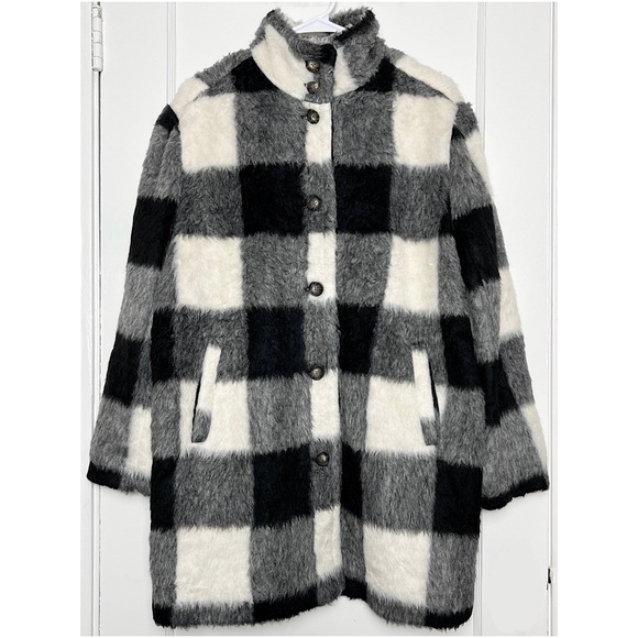 NWT MARINE LAYER Wool Blend Plaid Check Button Up High Neck Long Cocoon Coat M - Picture 3 of 8